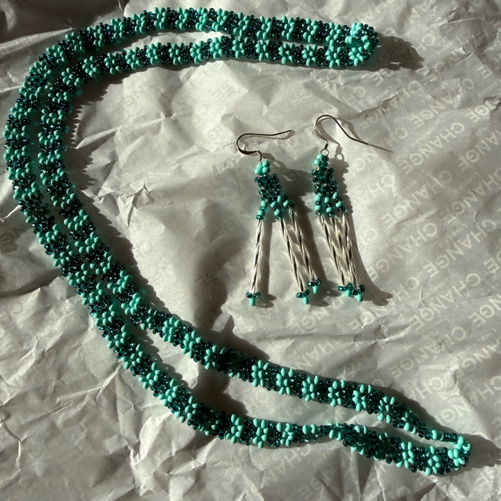 Green Beaded Necklace and Earring Set